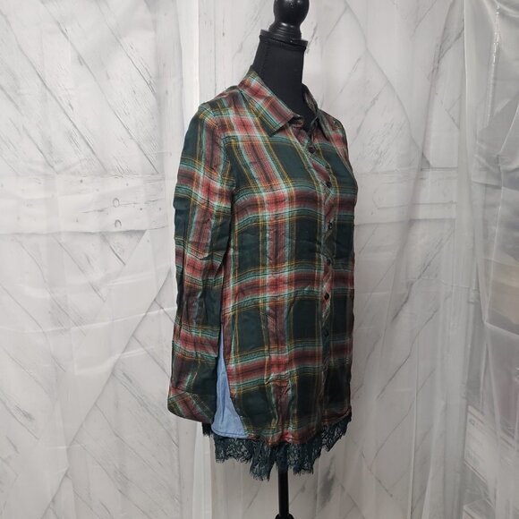Logo Green Plaid Lace Chambray Modal Button Down Tunic Blouse Size 6 - Picture 3 of 13